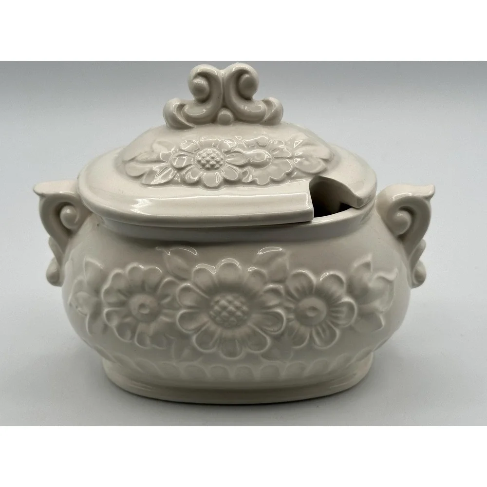 Himark Japan MCM White Soup Tureen Gravy Boat Embossed Floral Ceramic with Lid